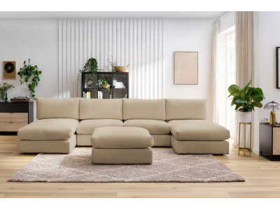 Canapé panoramique fixe 100% modulable PARIS tissu bouclette avec 2 chauffeuses, 2 méridiennes, 1 pouf