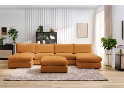 Canapé panoramique fixe 100% modulable PARIS tissu bouclette avec 2 chauffeuses, 2 méridiennes, 1 pouf
