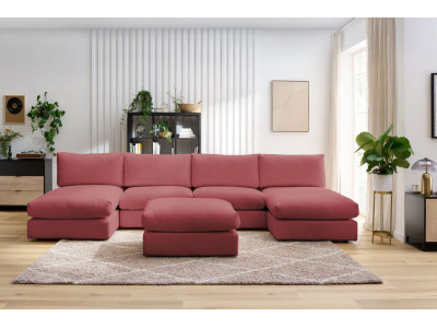 Canapé panoramique fixe 100% modulable PARIS tissu bouclette avec 2 chauffeuses, 2 méridiennes, 1 pouf