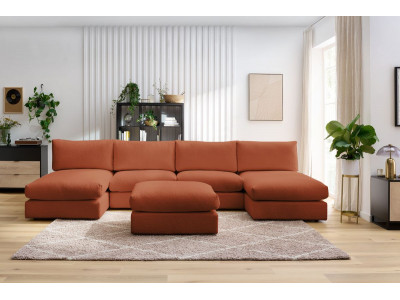 Canapé panoramique fixe 100% modulable PARIS tissu bouclette avec 2 chauffeuses, 2 méridiennes, 1 pouf
