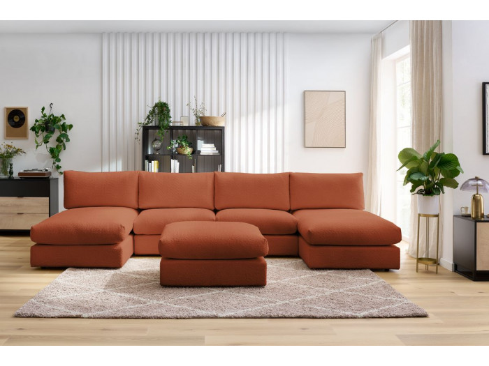 Canapé panoramique fixe 100% modulable PARIS tissu bouclé avec 2 chauffeuses, 2 méridiennes, 1 pouf