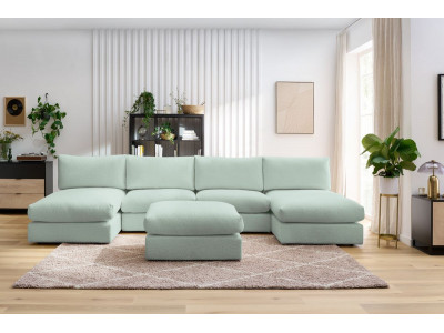 Canapé panoramique fixe 100% modulable PARIS tissu bouclette avec 2 chauffeuses, 2 méridiennes, 1 pouf
