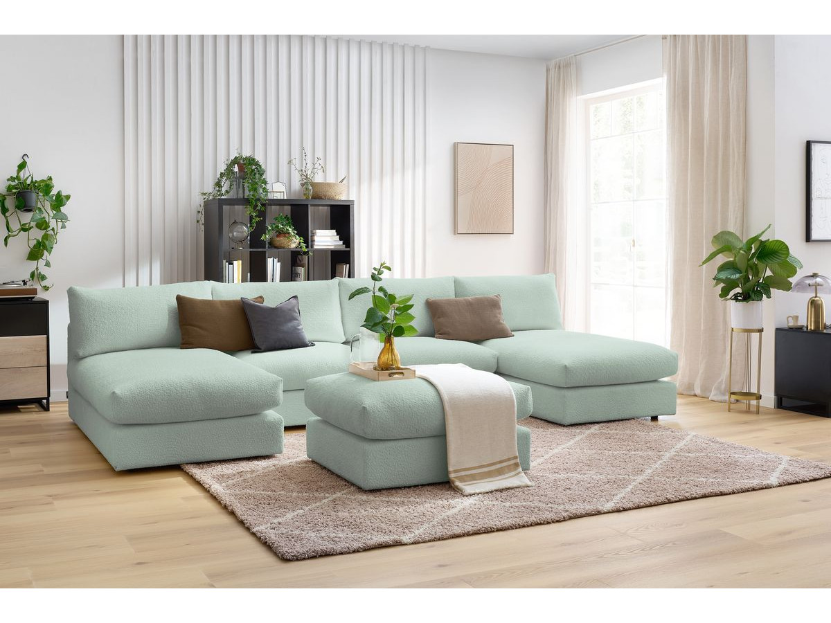 PARIS vaste panoramabank 100% modulaire badstof met 2 fauteuils, 2 chaise longues, 1 poef