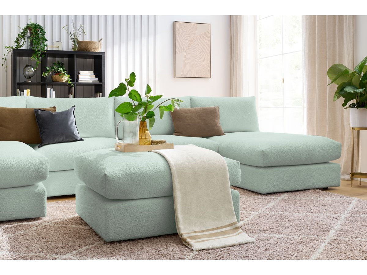 PARIS vaste panoramabank 100% modulaire badstof met 2 fauteuils, 2 chaise longues, 1 poef