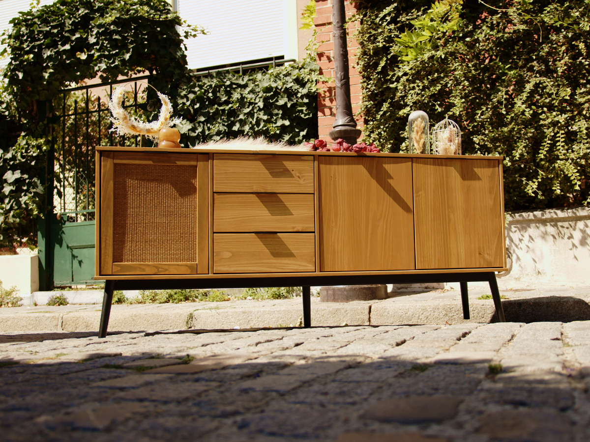 Dressoir 3 deuren 186 cm ALBI in massief hout en rotan