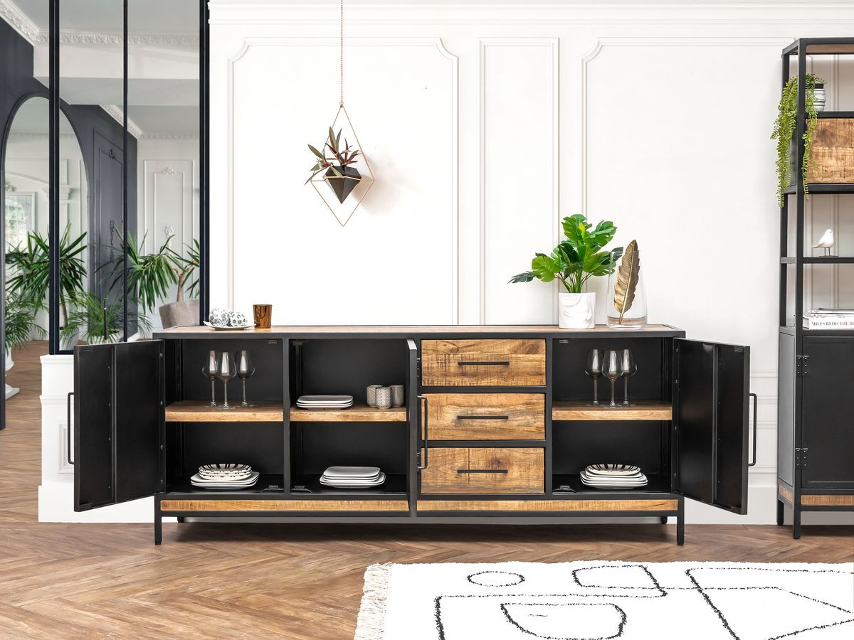 BEAUBOURG complete woonkamer met 200 cm dressoir + tv-meubel + salontafel Massief mangohout