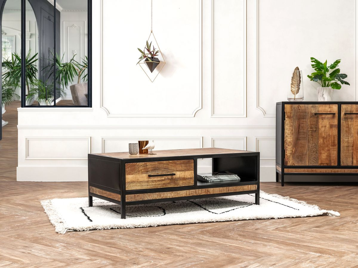 BEAUBOURG complete woonkamer met 200 cm dressoir + tv-meubel + salontafel Massief mangohout
