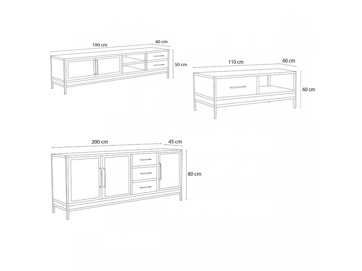 BEAUBOURG complete woonkamer met 200 cm dressoir + tv-meubel + salontafel Massief mangohout