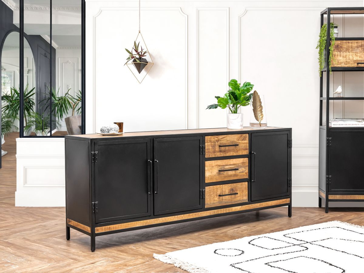 BEAUBOURG Set met 200 cm dressoir + mangohouten boekenkast