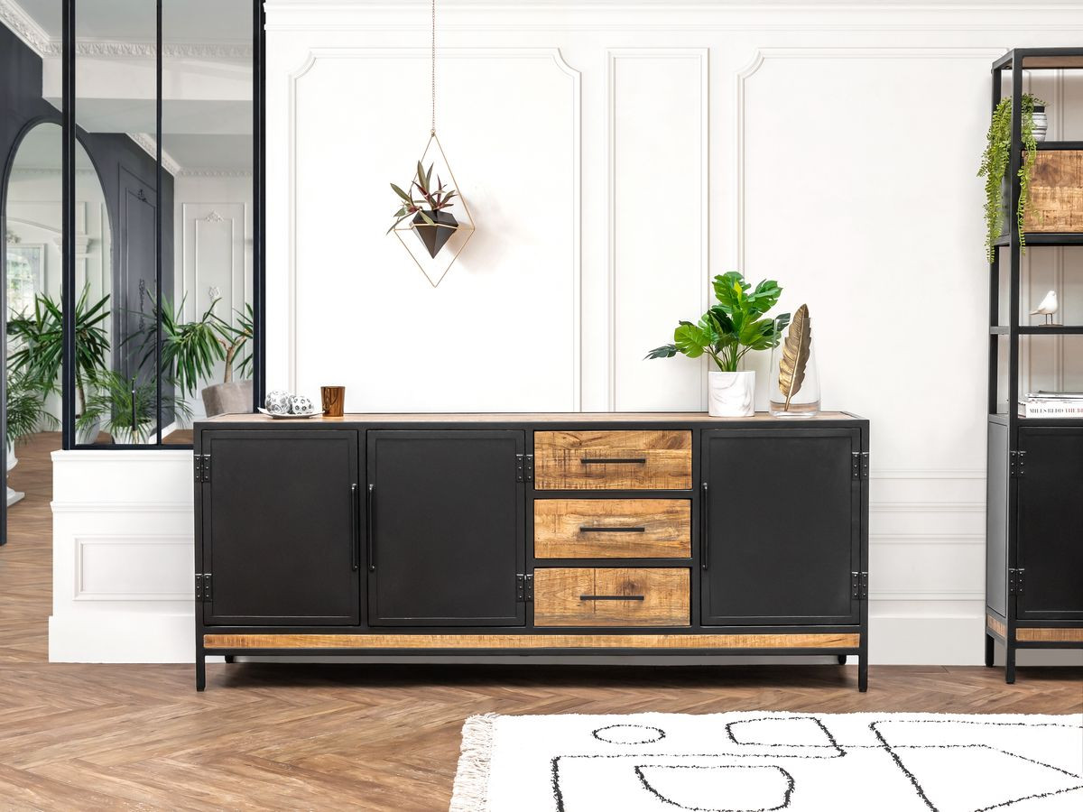 BEAUBOURG Set met 200 cm dressoir + mangohouten boekenkast