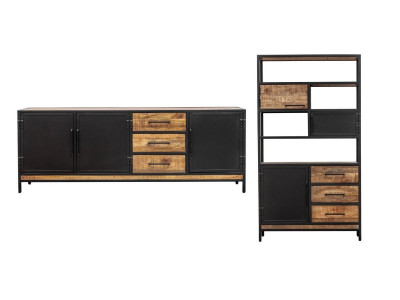Ensemble BEAUBOURG avec Buffet 200 cm + Bibliothèque Bois de manguier