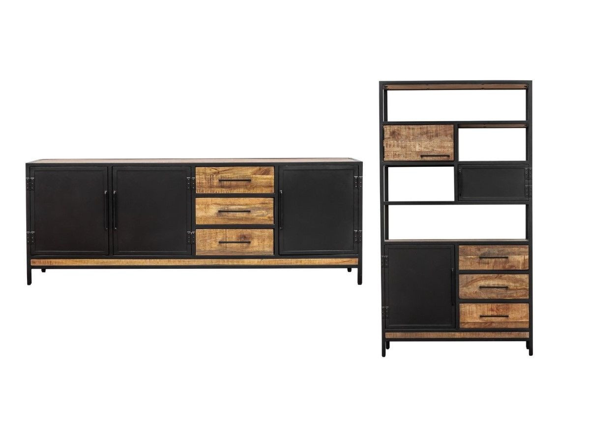 BEAUBOURG Set met 200 cm dressoir + mangohouten boekenkast