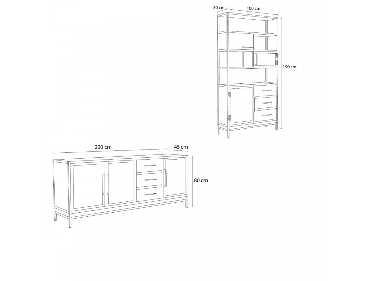 BEAUBOURG Set met 200 cm dressoir + mangohouten boekenkast