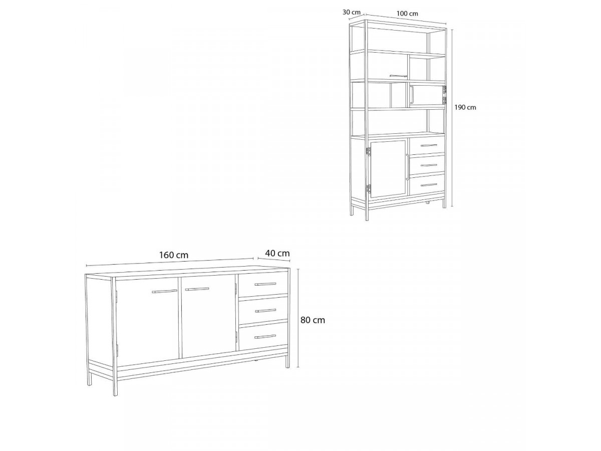 BEAUBOURG Set met 160 cm dressoir + mangohouten boekenkast