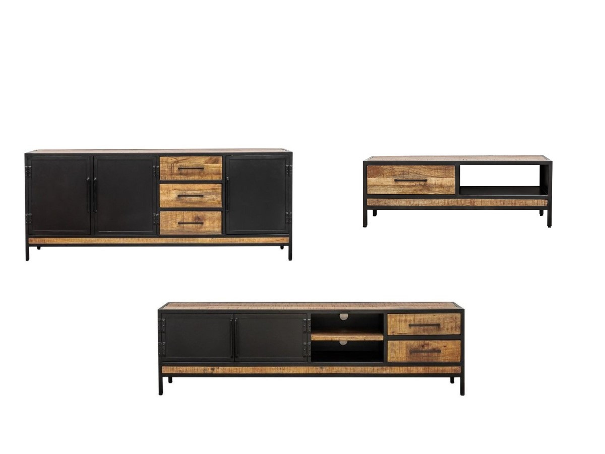 BEAUBOURG complete woonkamer met 200 cm dressoir + tv-meubel + salontafel Massief mangohout