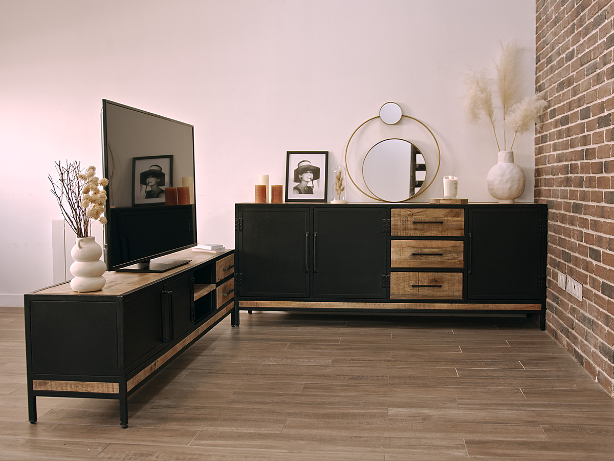 BEAUBOURG Set met 200 cm dressoir + mangohouten tv-kast