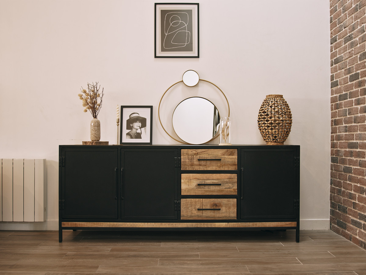 BEAUBOURG Set met 200 cm dressoir + mangohouten boekenkast