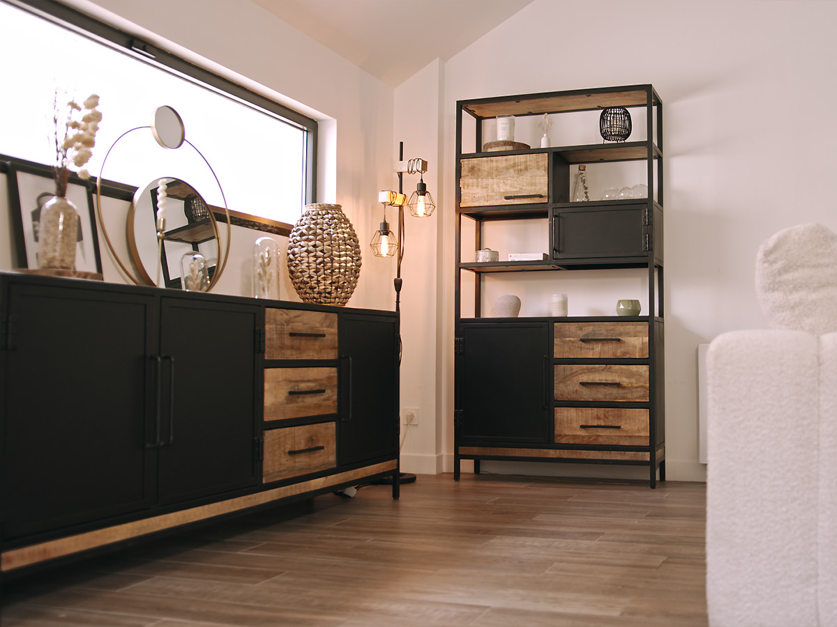 BEAUBOURG Set met 200 cm dressoir + mangohouten boekenkast