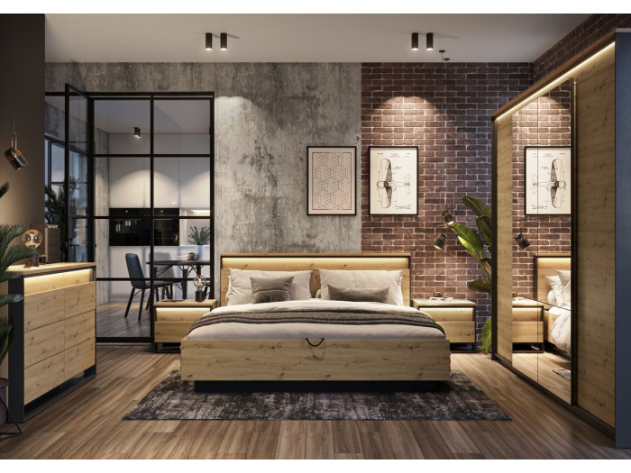 Ensemble KYRIA avec Lit coffre + Commode + Armoire + 2 chevets