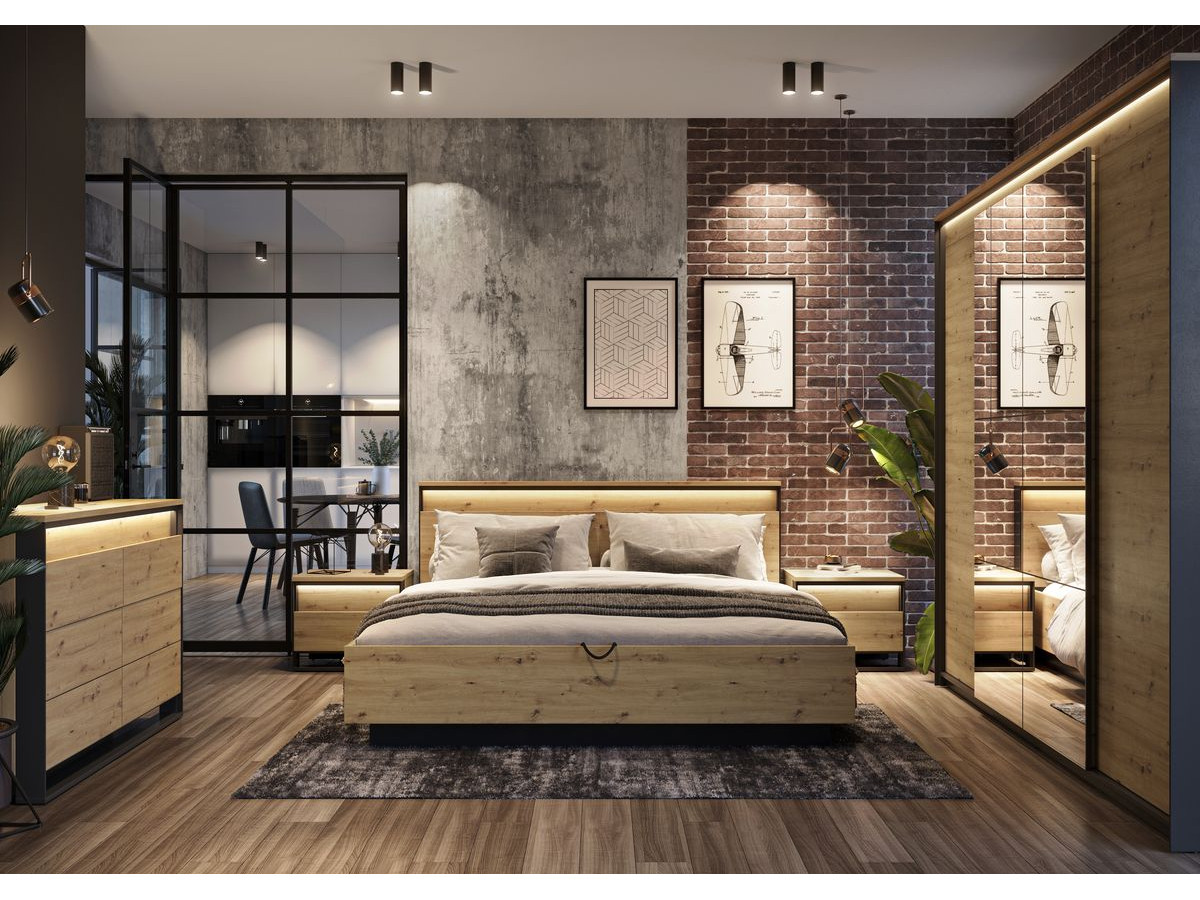 Ensemble KYRIA avec Lit coffre + Commode + Armoire + 2 chevets