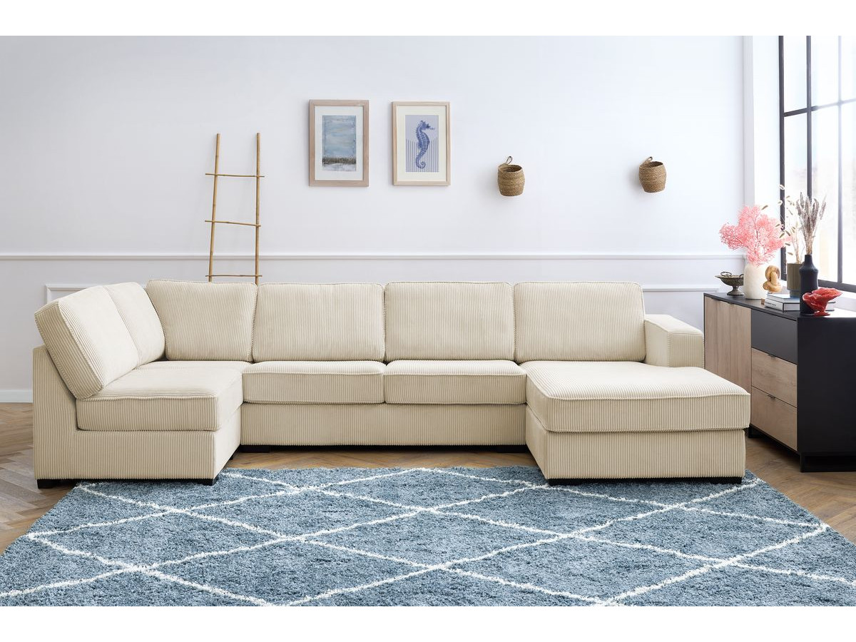 Canapé panoramique convertible MEGA velours côtelé avec pouf beige angle droit BOBOCHIC 8 places - Vue supplémentaire 2