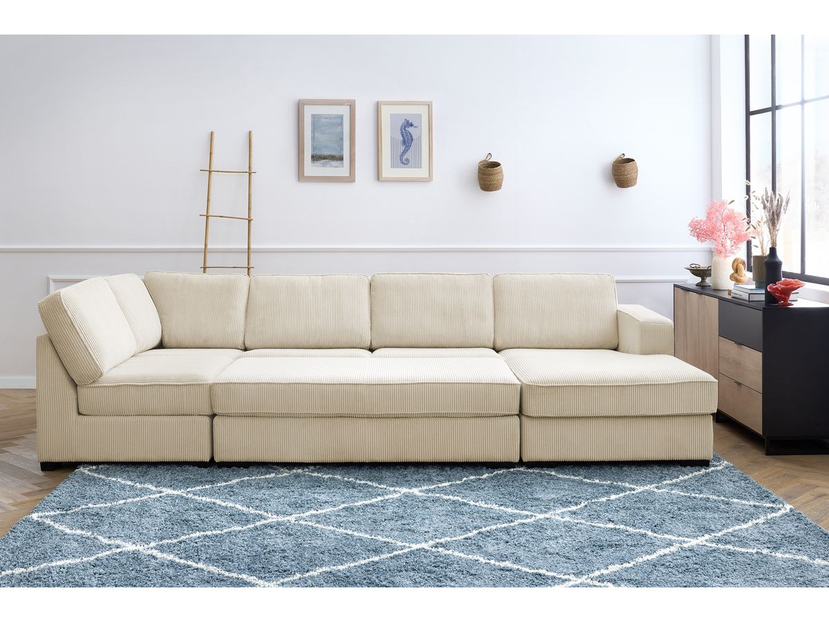 Canapé panoramique convertible MEGA velours côtelé avec pouf beige angle droit BOBOCHIC 8 places - Vue supplémentaire 3