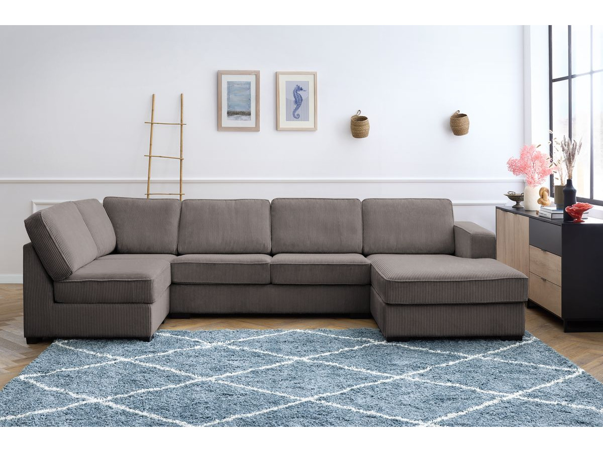 Canapé panoramique convertible MEGA velours côtelé avec pouf marron angle droit BOBOCHIC 8 places - Vue supplémentaire 2