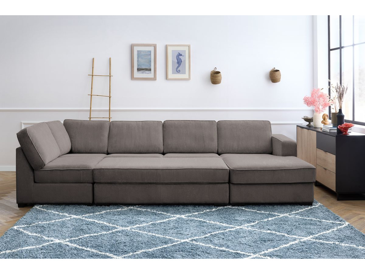 Canapé panoramique convertible MEGA velours côtelé avec pouf marron angle droit BOBOCHIC 8 places - Vue supplémentaire 3