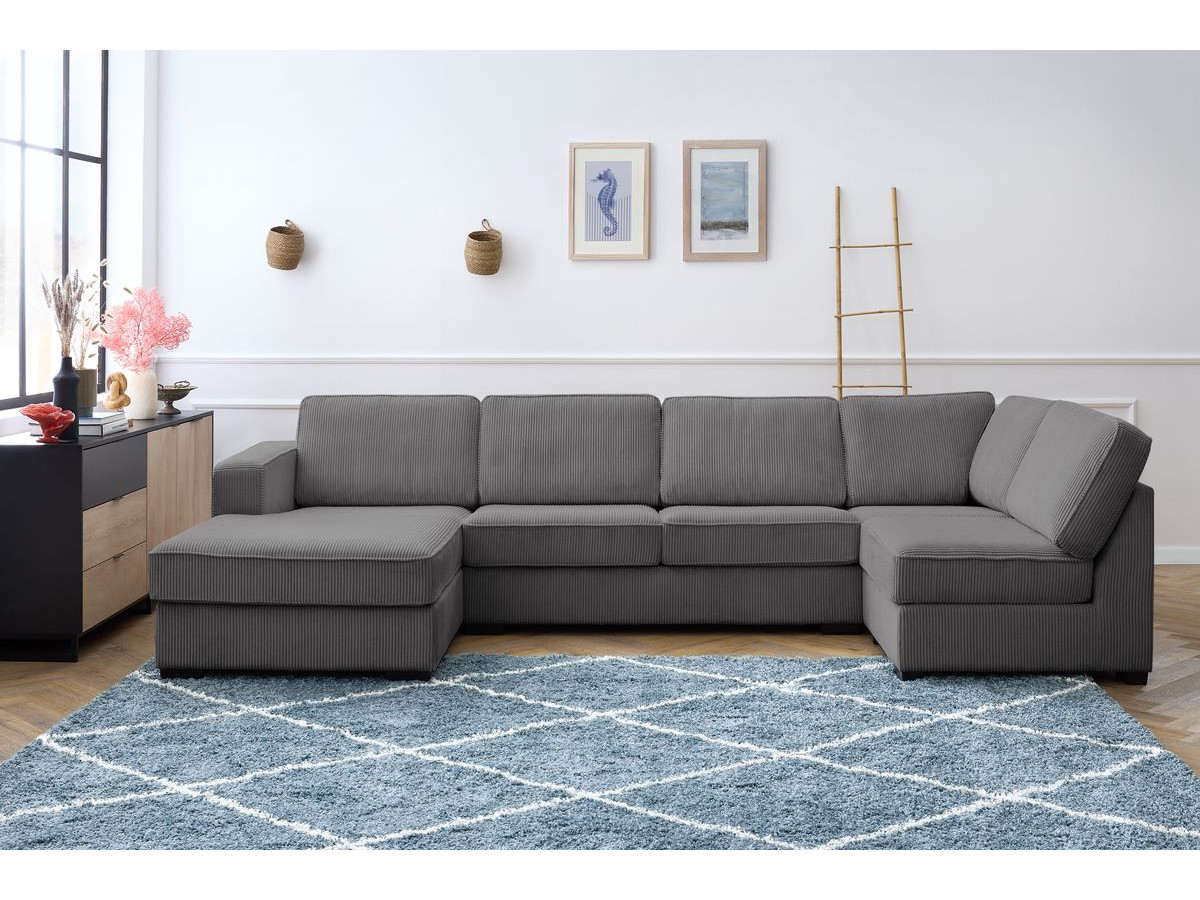Canapé panoramique convertible MEGA velours côtelé avec pouf gris foncé angle gauche BOBOCHIC 8 places - Vue supplémentaire 2