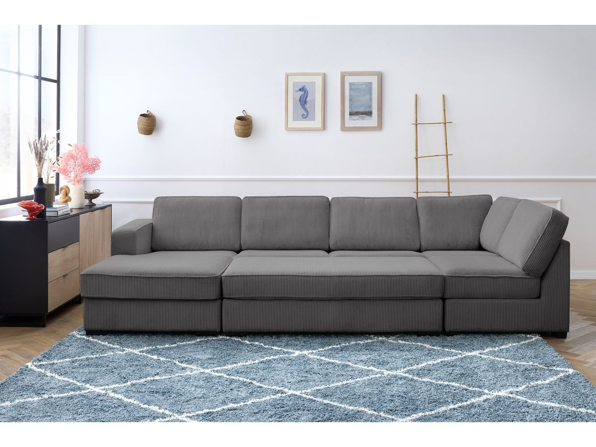 Canapé panoramique convertible MEGA velours côtelé avec pouf gris foncé angle gauche BOBOCHIC 8 places - Vue supplémentaire 3