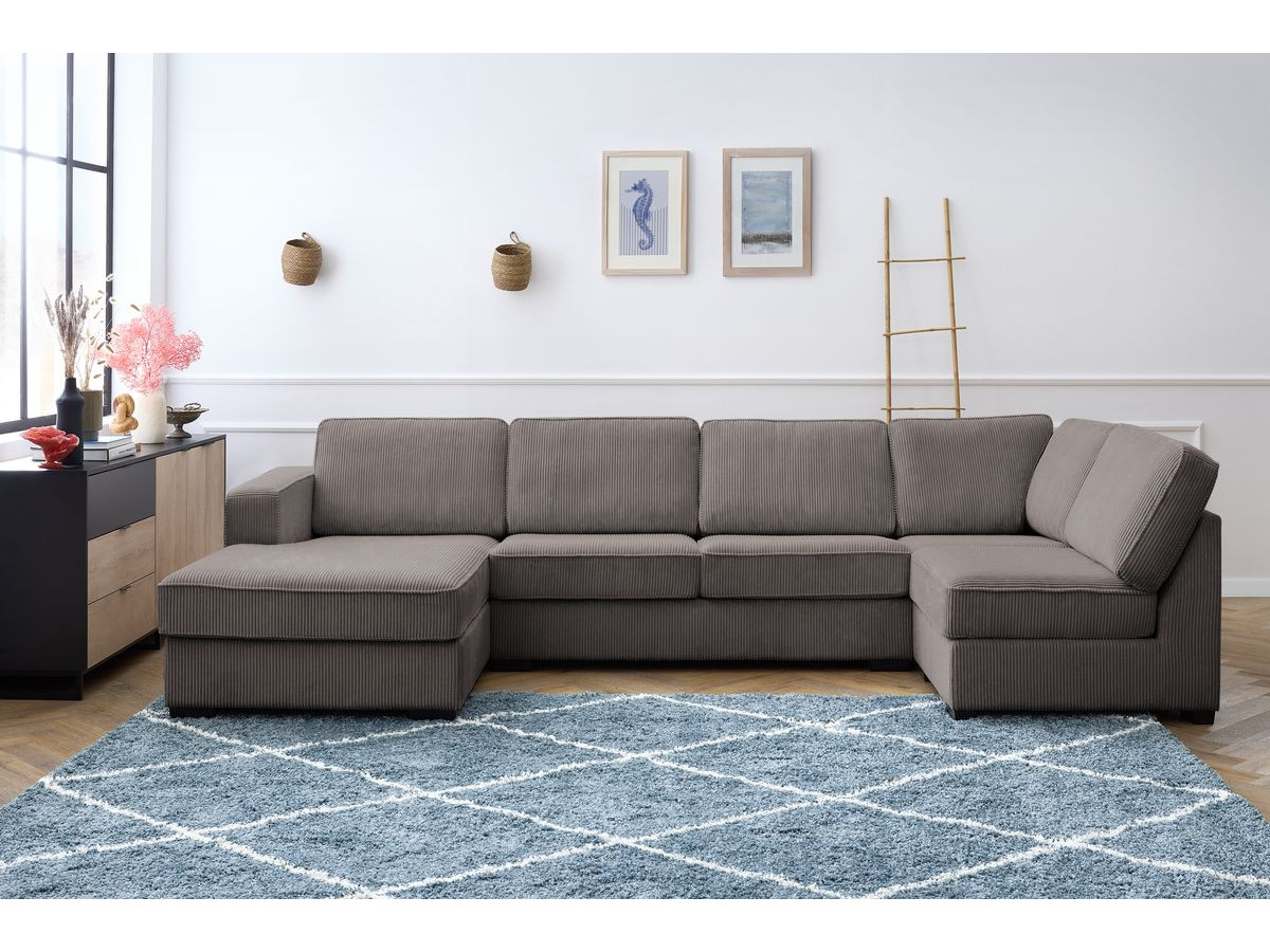 Canapé panoramique convertible MEGA velours côtelé avec pouf marron  angle gauche BOBOCHIC 8 places - Vue supplémentaire 2