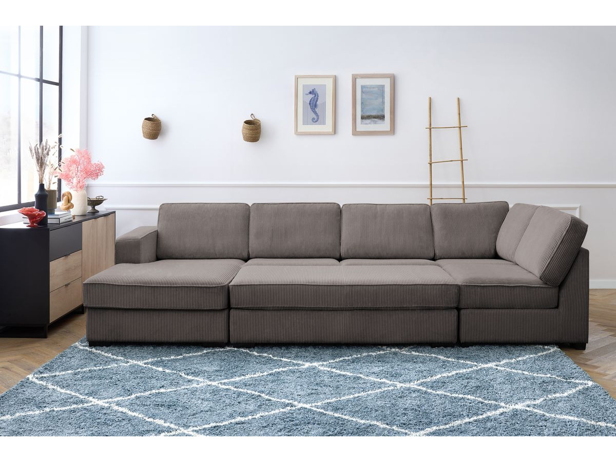 Canapé panoramique convertible MEGA velours côtelé avec pouf marron  angle gauche BOBOCHIC 8 places - Vue supplémentaire 3