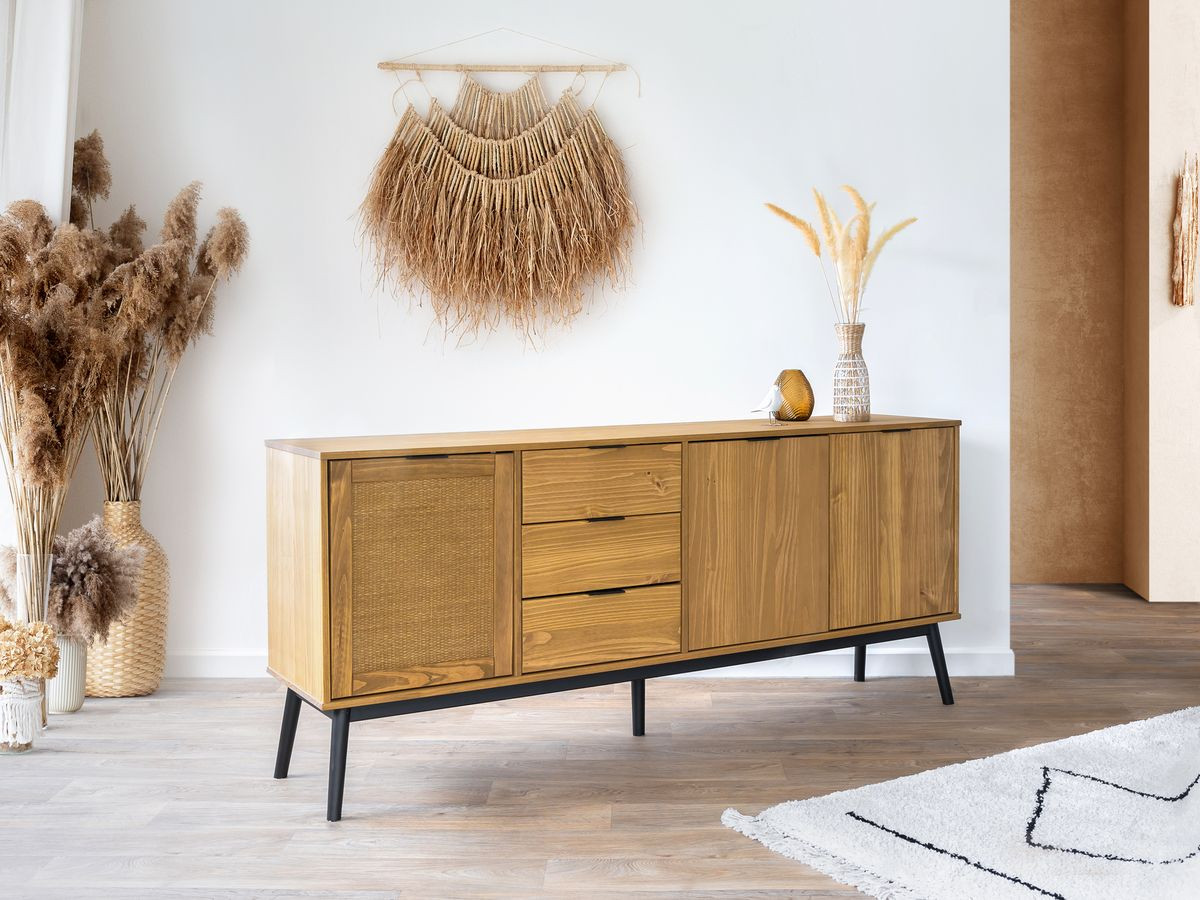 Dressoir 3 deuren 186 cm ALBI in massief hout en rotan