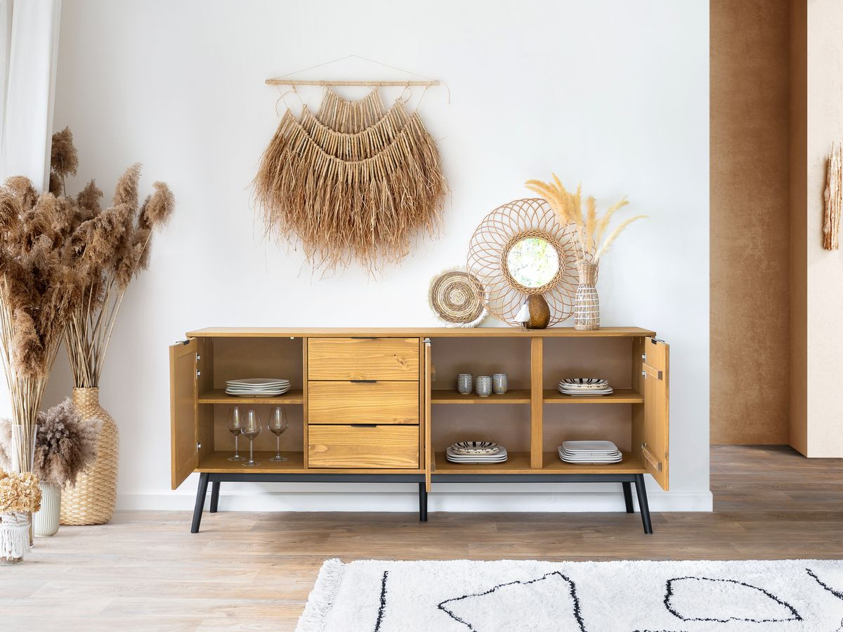 Dressoir 3 deuren 186 cm ALBI in massief hout en rotan