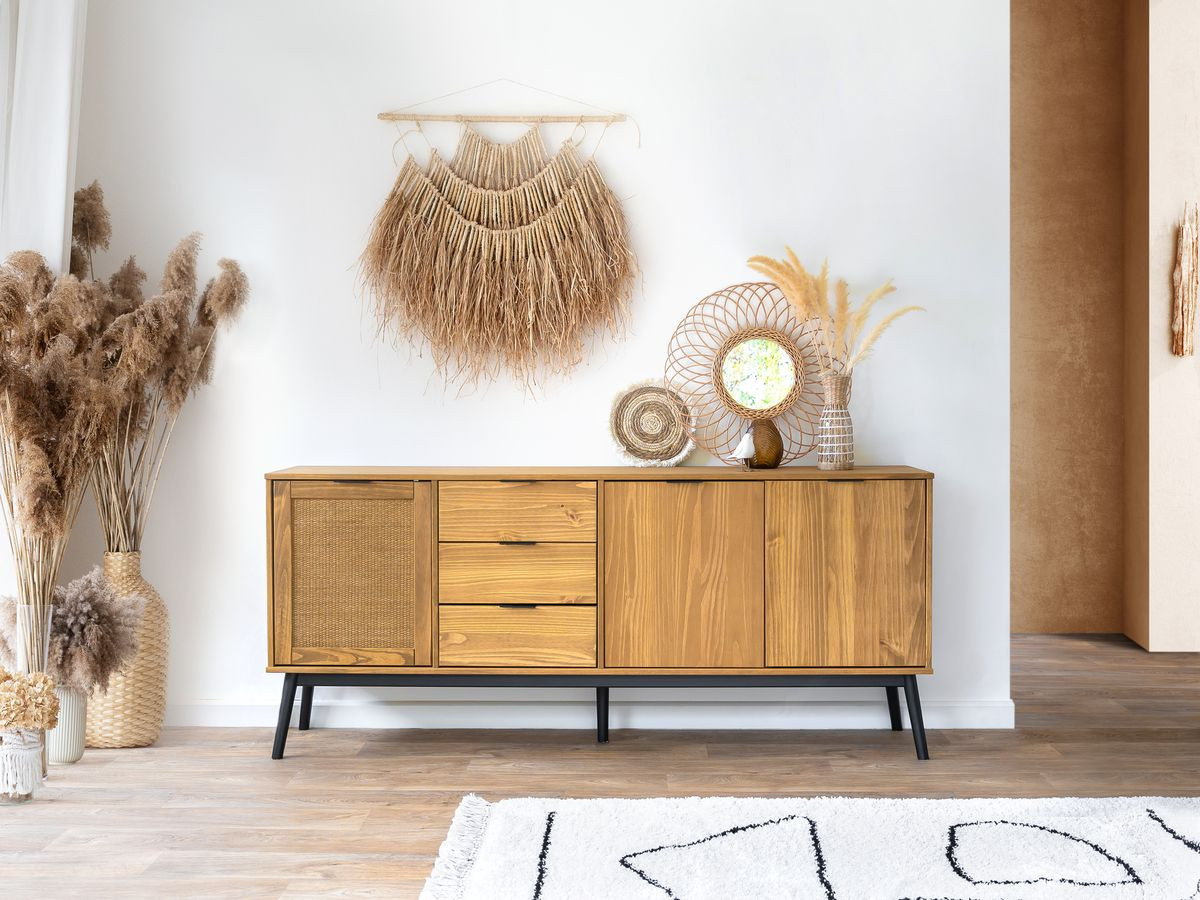 Dressoir 3 deuren 186 cm ALBI in massief hout en rotan