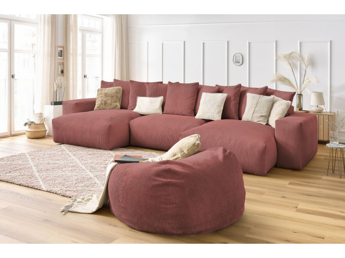 Canapé panoramique fixe VOLTAIRE velours côtelé avec pouf