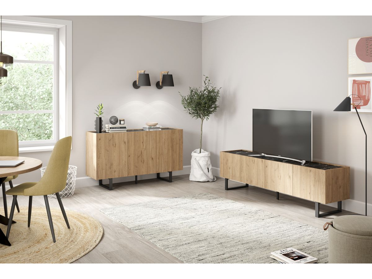 OPERA 3-deurs dressoir 140 cm eikenlook en zwart marmerlook