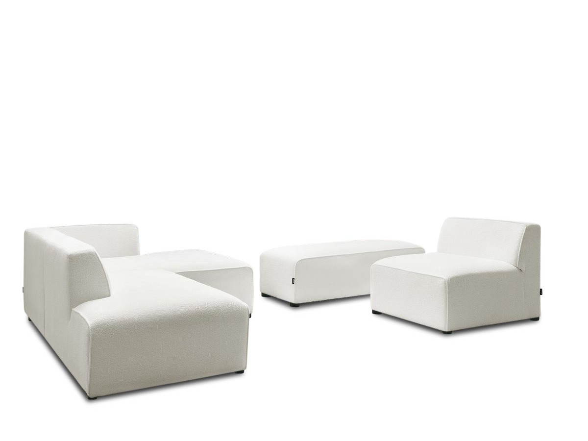 Canapé d'angle fixe modulable MEGEVE tissu bouclette avec 1 chauffeuse et 1 pouf