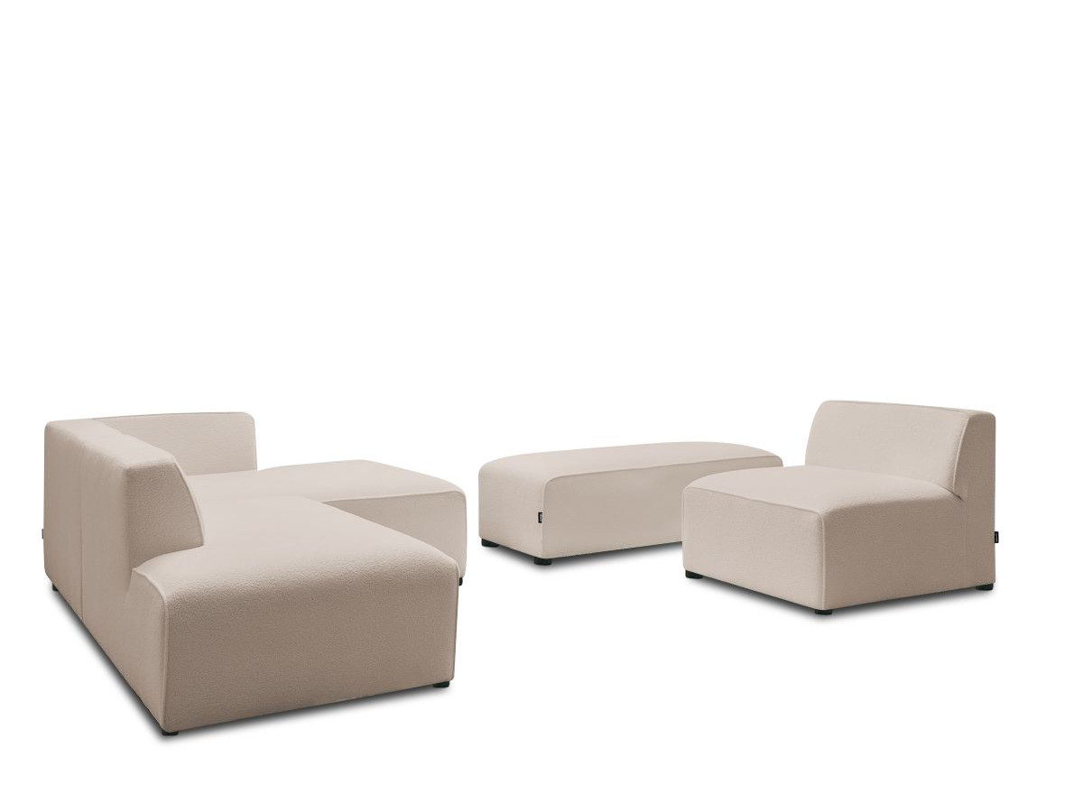 Canapé d'angle fixe modulable MEGEVE tissu bouclette avec 1 chauffeuse et 1 pouf