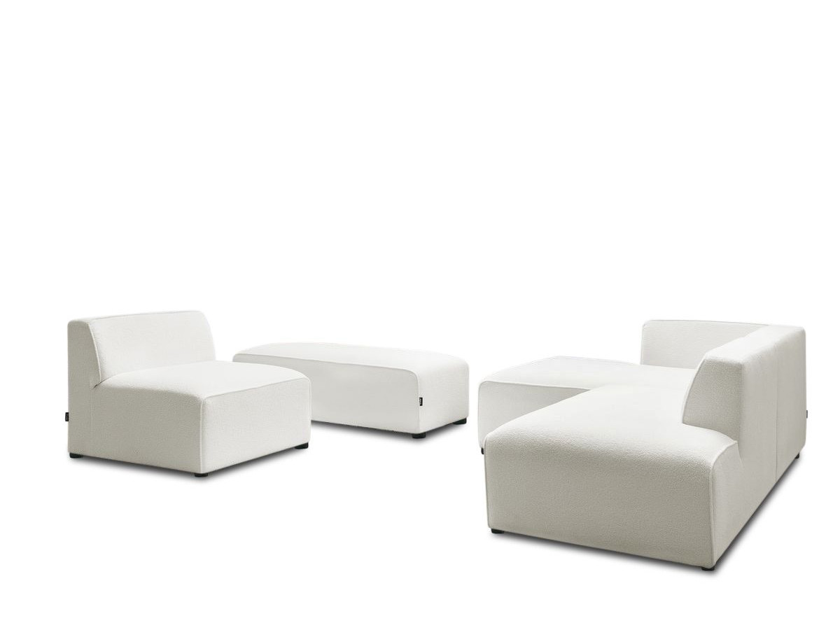 Canapé d'angle fixe modulable MEGEVE tissu bouclette avec 1 chauffeuse et 1 pouf