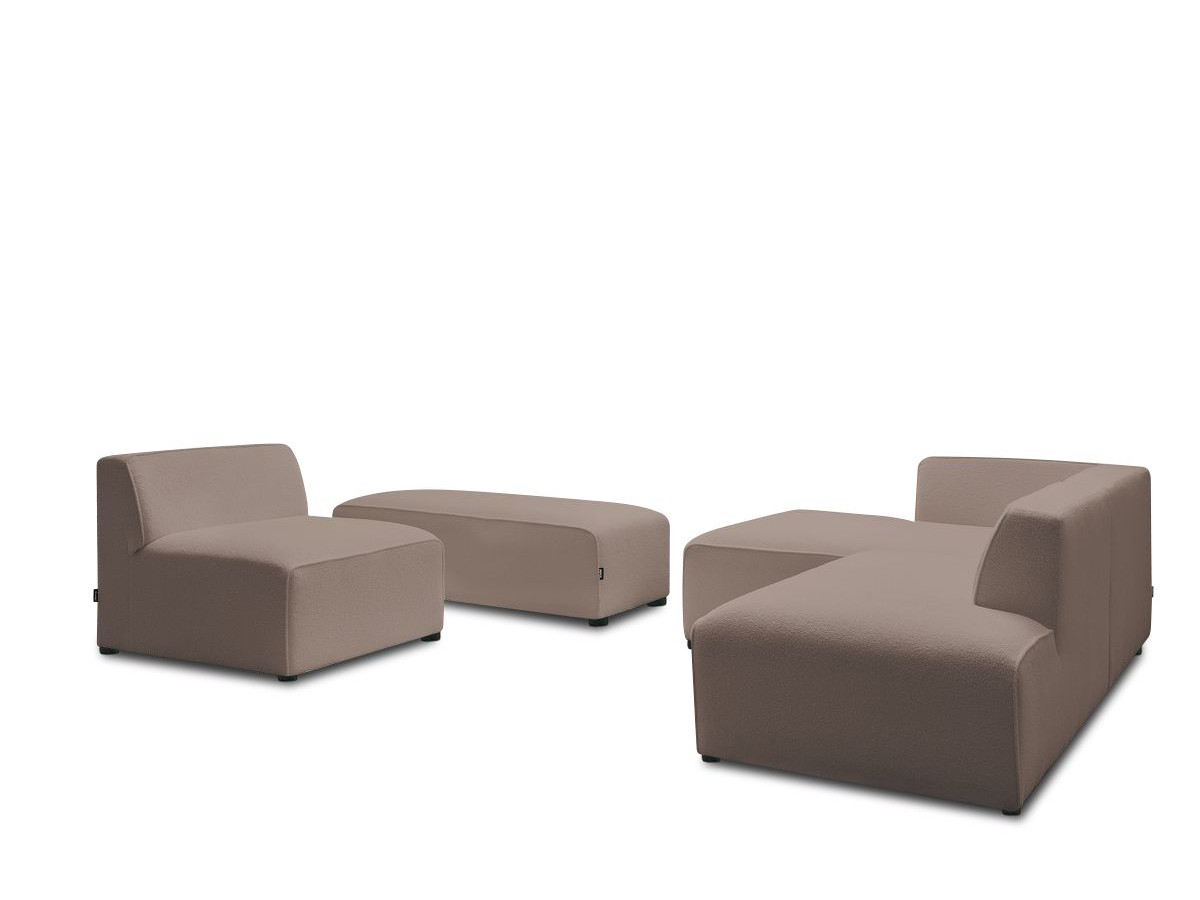 Canapé d'angle fixe modulable MEGEVE tissu bouclette avec 1 chauffeuse et 1 pouf