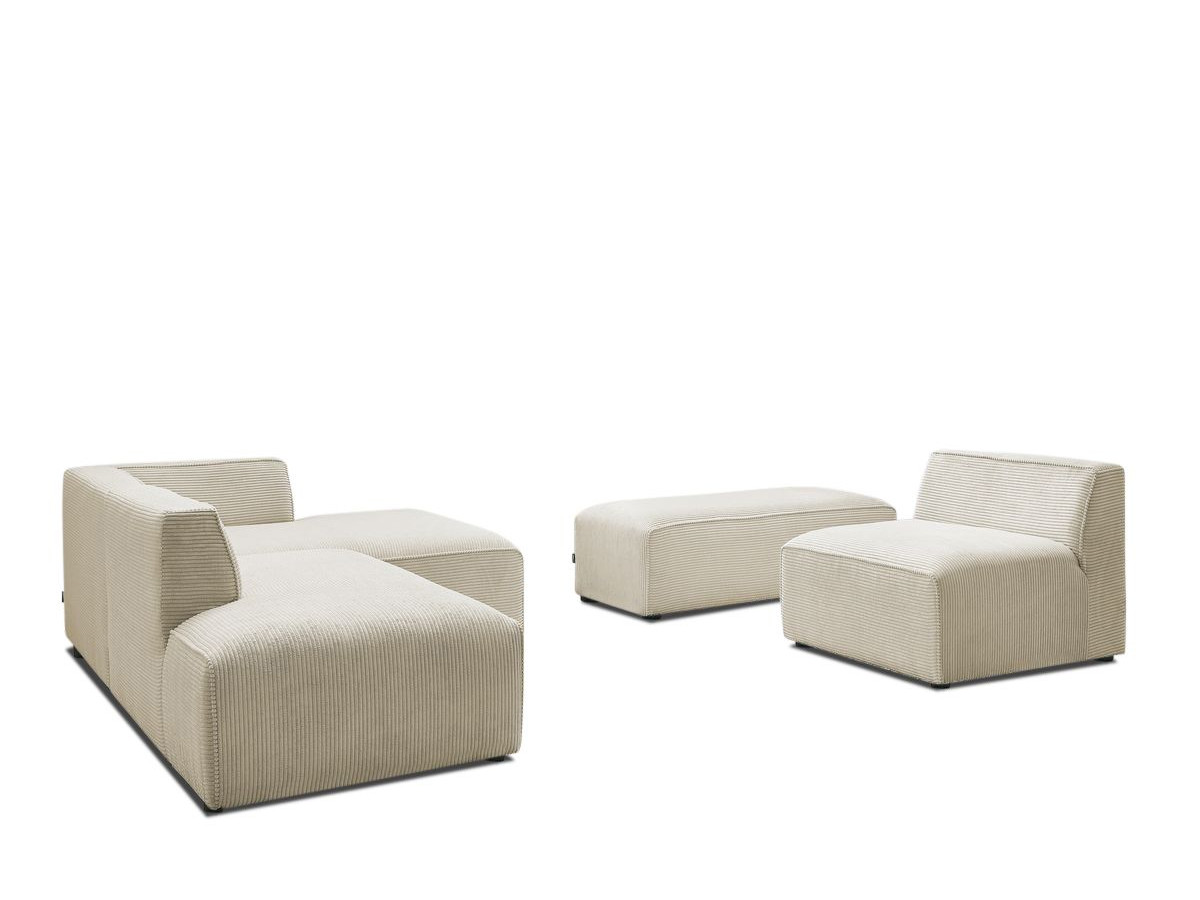 Canapé d'angle fixe modulable MEGEVE tissu velours côtelé avec 1 chauffeuse et 1 pouf