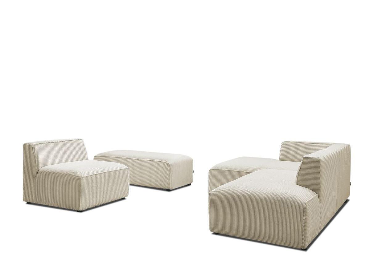 Canapé d'angle fixe modulable MEGEVE tissu velours côtelé avec 1 chauffeuse et 1 pouf