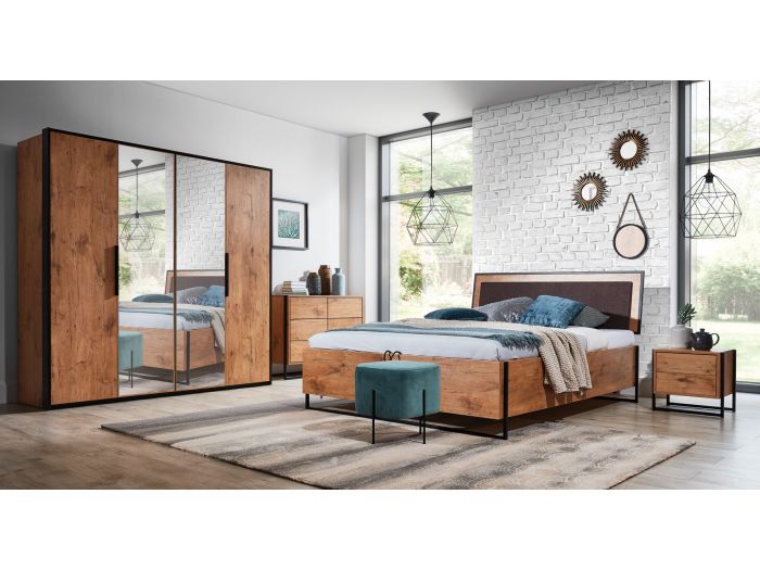 Ensemble ALBERTA avec lit coffre + 2 chevets + Commode + Armoire avec miroir