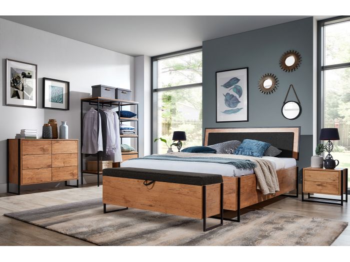 Ensemble ALBERTA avec lit coffre + 2 chevets + Commode + Penderie + Pouf coffre