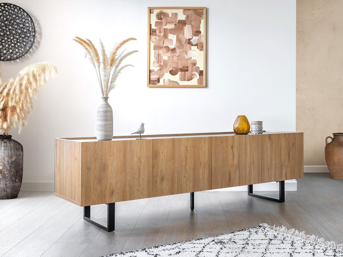 OPERA TV-meubel 180 cm met eikenhouten look en zwart marmerlook