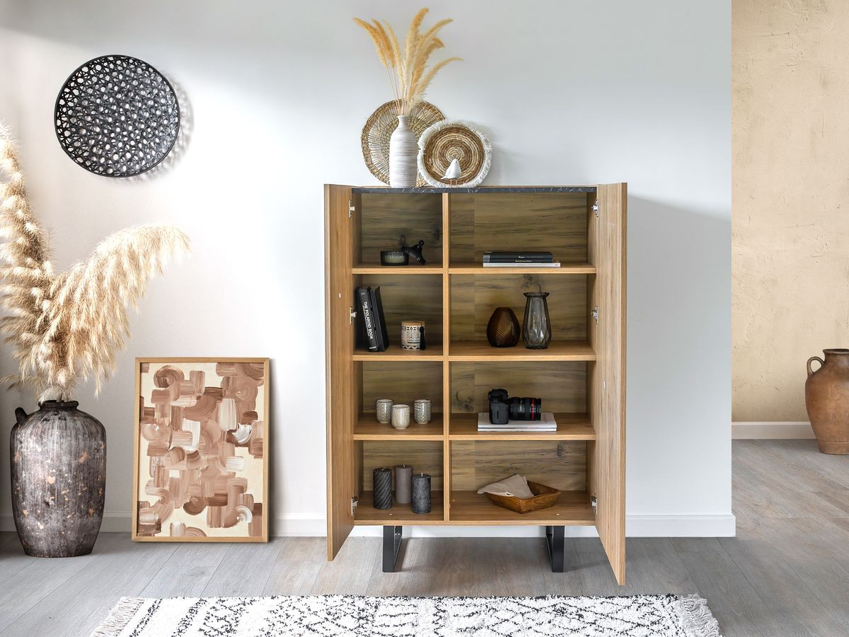 Buffet haut 2 portes 90 cm OPERA effet chêne et imitation marbre noir