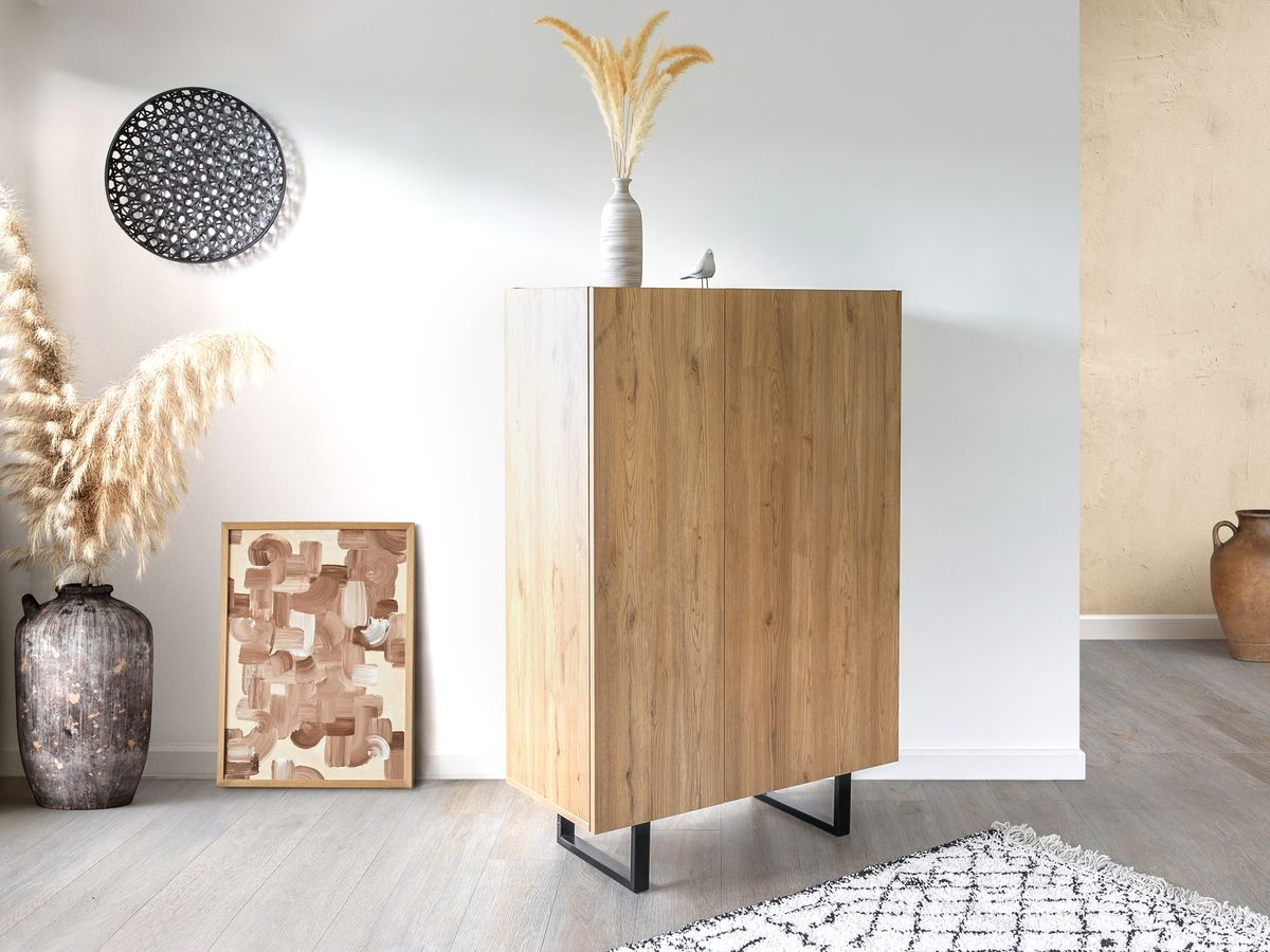 Buffet haut 2 portes 90 cm OPERA effet chêne et imitation marbre noir