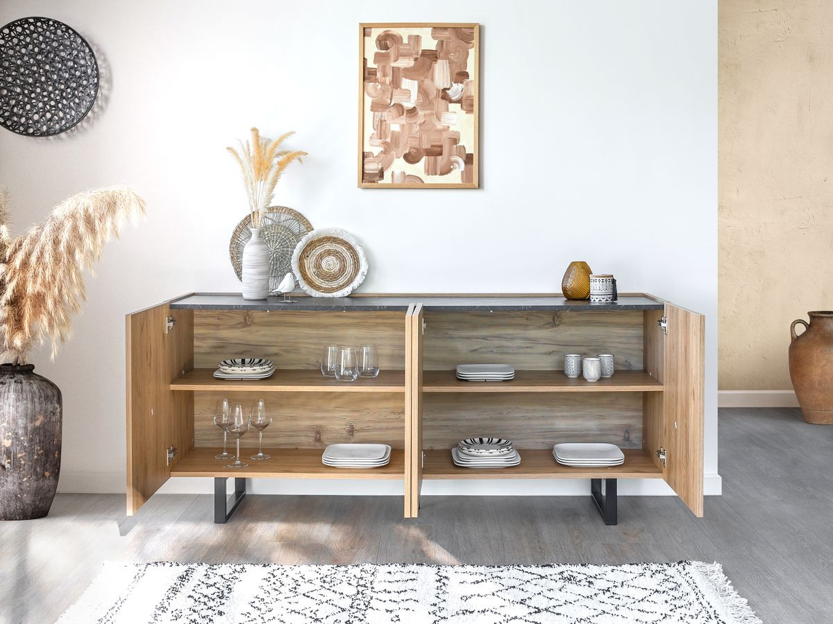 OPERA 4-deurs dressoir 180 cm eikenlook en zwart marmerlook