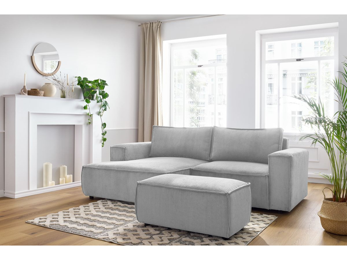 Canapé d'angle fixe compact NIHAD velours côtelé avec pouf gris clair angle gauche BOBOCHIC 3 places - Vue supplémentaire 3